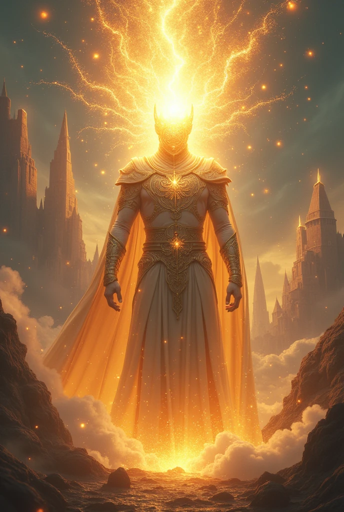Make a magical being, king of the kingdom of light, with a strong light in place of his head
