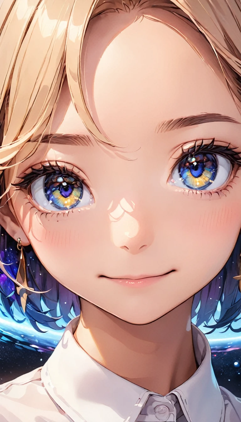 anime illustration, ((((highest quality)))), (((Ultra-precision CG 16K))), (((masterpiece))), BREAK skinny body, slender waist, medium Breasts, (((perky breasts))), ((sagging breasts)), (covered nipples), (((tanned skin, tan lines))) , BREAK (written in detail of face, smiling, blush, determined expression, sweaty , Heavy breathing, embarrassed, ) , (natural make), BREAK narrow eyes, (streaked hair, hair intakes, colored inner hair, ) BREAK (((wearing printed oversized clothing , wearing wide-leg-pants, breasts is covered by outfit, (detailed panty), Narrow aisles,))) , wearing earrings , BREAK ( stick breast out,) BREAK (( ripples , horizon , under the cosmic sky on the cosmic sea , cosmic effects, a girl blended into the background )), ((((extremely closeup of eyes shot, looking at viewer, extremely detailed eyes )))), BREAK ((cinematic , pinup magazine pose, dancing