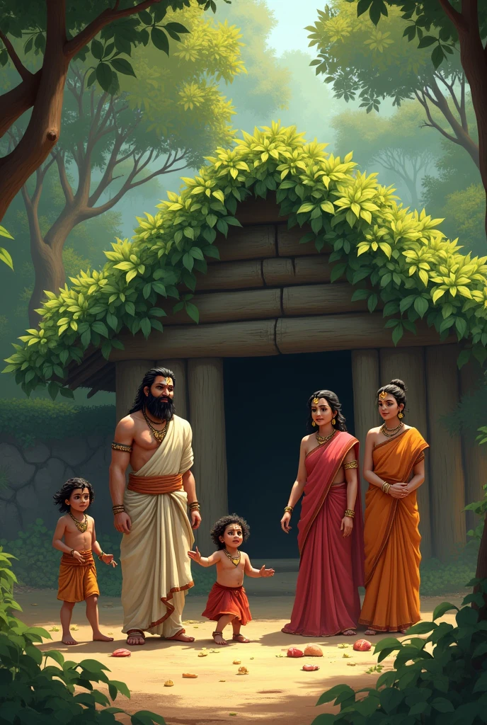 3. Scene of Banabas: Description: Pandu is sitting in front of a hut with his wife Kunti and Madri and their five children - Judhisthira, Bhima, Arjun, Nakul, Sahadev. A scene of a quiet and simple life in this film is revealed. The impression of satisfaction in the face of Pandu and his wives, and the children are in the game. Dense green forests are seen in the background, and the hut is made of wood, on which the leaf canopy is given. India ai image