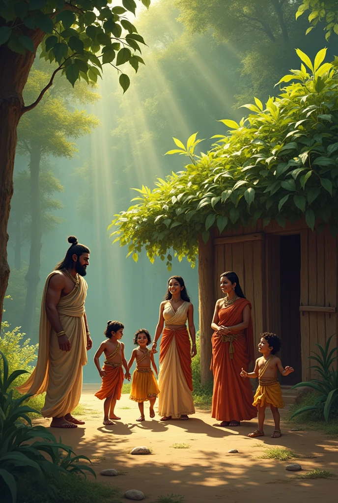 3. Scene of Banabas: Description: Pandu is sitting in front of a hut with his wife Kunti and Madri and their five children - Judhisthira, Bhima, Arjun, Nakul, Sahadev. A scene of a quiet and simple life in this film is revealed. The impression of satisfaction in the face of Pandu and his wives, and the children are in the game. Dense green forests are seen in the background, and the hut is made of wood, on which the leaf canopy is given. India ai image