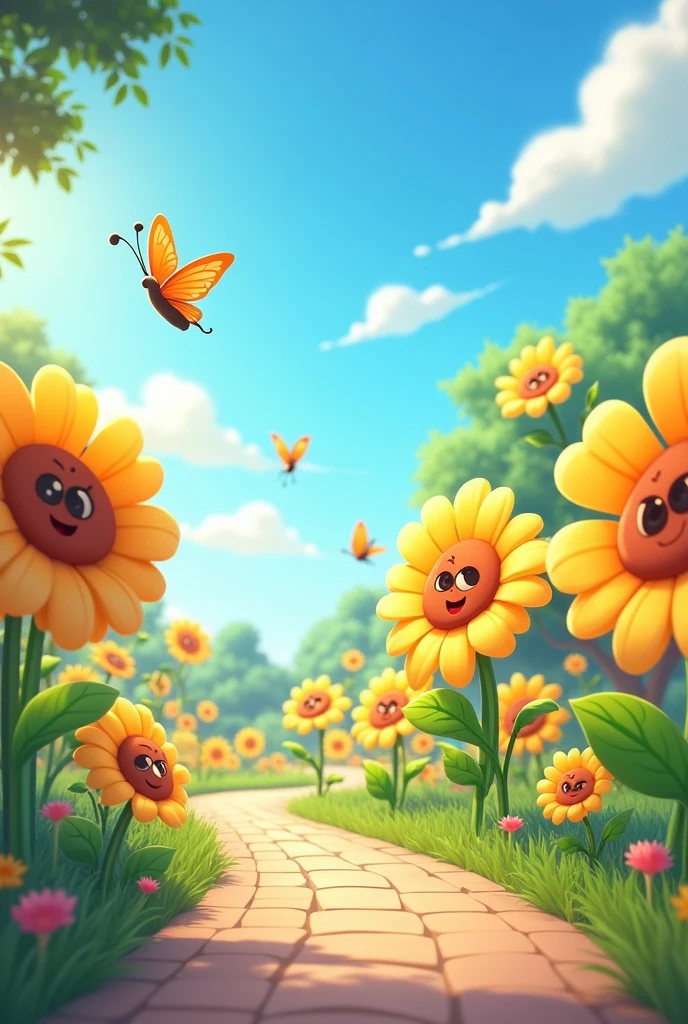 Animated cartoon flowers and sunshine, with walk way