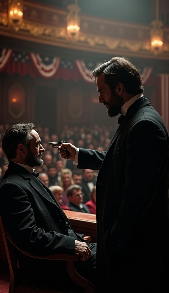 The scene is set in the dimly lit, intimate space of the president’s box at Ford’s Theater. John Wilkes Booth, dressed in a dark, tailored suit typical of the era, stands directly behind President Abraham Lincoln. Booth’s figure is cloaked in shadow, his posture tense and determined. In his right hand, he holds a small, silver derringer pistol, the weapon glinting faintly in the low light. The pistol is aimed directly at the back of Lincoln’s head, just inches away. Booth’s face is etched with intense focus, his jaw set, and his eyes narrowed, capturing his steely resolve. The background reveals the ornate interior of the box, with American flags draped over the edge and the theater's gaslights casting a warm but eerie glow. Lincoln sits unaware, his attention still on the play below, while the gravity of the moment is palpable in the air. The scene is charged with the impending sense of tragedy, as time seems to slow in the seconds before the fatal shot.