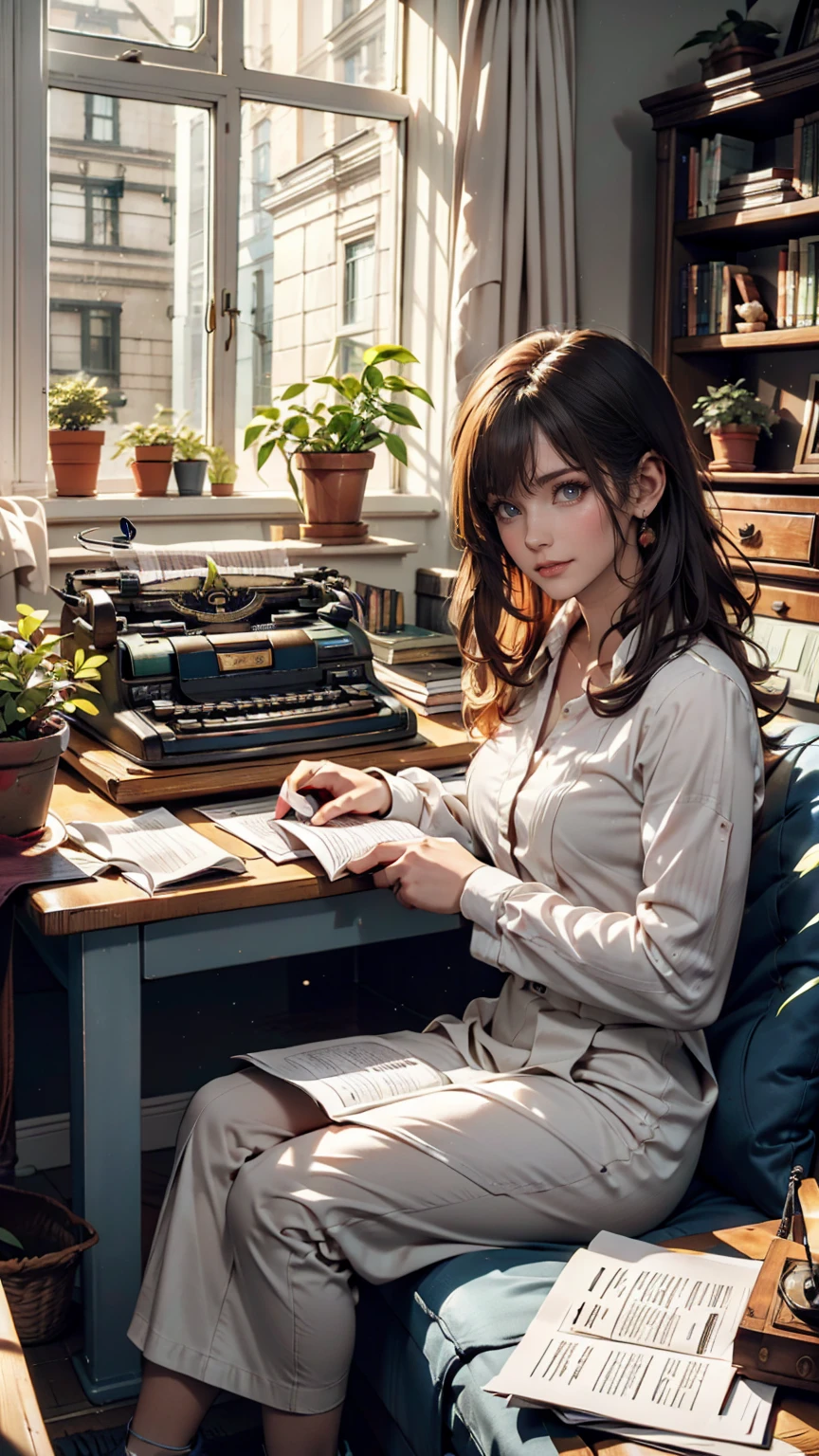 living room, sofa, window, curtain, Speckled sunlight, Potted plants, table, cupboard,Bookshelf, paper, Desk lamp, Typewriter, Sitting on the couch
