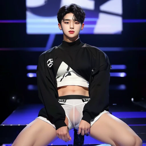 한국 잘생긴 Boy Idol,20 years old,transparent penis,black&Transparent crop top with long sleeves that show your chest, White transparent triangle panties,A handsome man, pretty legs,Adonis,penis visible,Became a toy, seductive posture, thin arms,a picturesque face, tight clothes,Undressing, During a performance on a pornographic stage, Bodyguard harness,Boy Idol, a picturesque face