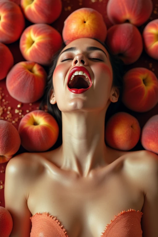 1 beautiful Italian woman in her 30s。Facing forward、Mouth wide open。The expression is、Sexually lewd expression、Ecstatic expression、I feel a strong sense of ecstasy。The head is peeled、Wearing a large real peach。Hide your chest with clothes。There are peaches all around。Covered in peaches。Fully clothed。The background is in the colors of the flag