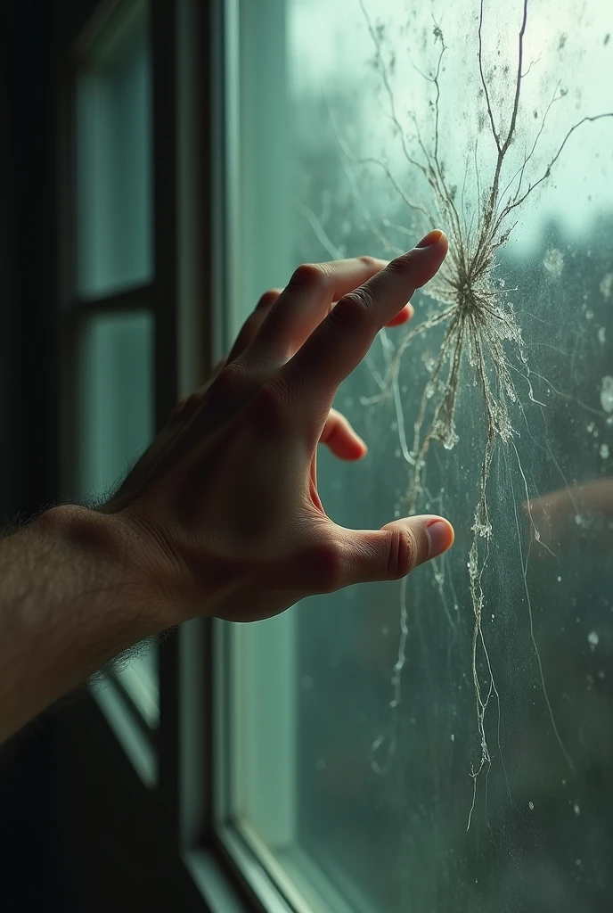 A male hand aggressively scratching on a window from a side view.