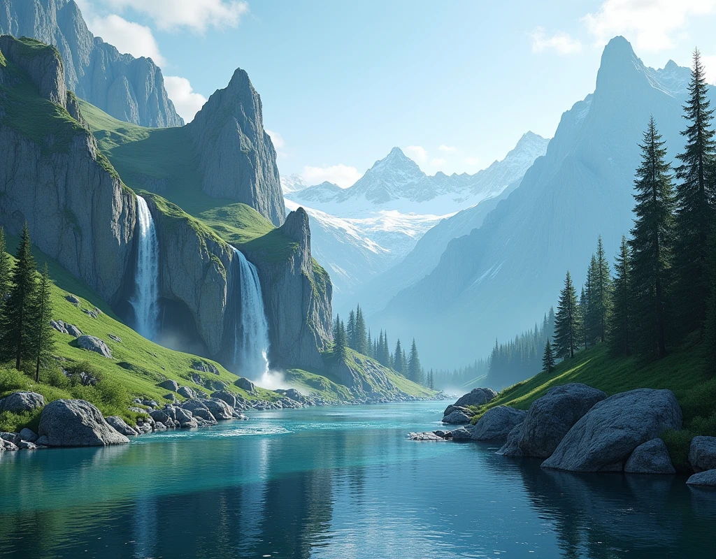 Create a mountain image with rocky materials with waterfalls, trees, grass, with mountains in the background. Below is a calm river with high details 8k.