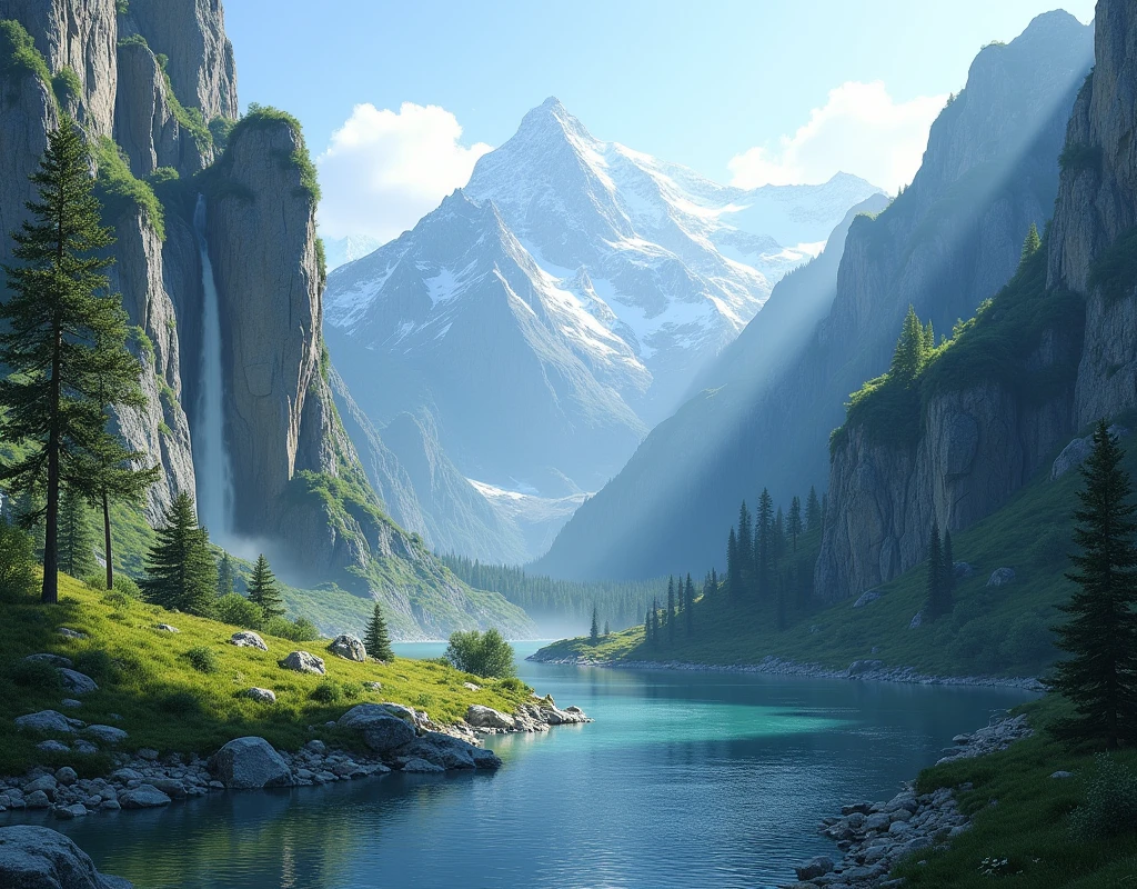 Create a mountain image with rocky materials with waterfalls, trees, grass, with mountains in the background. Below is a calm river with high details 8k.