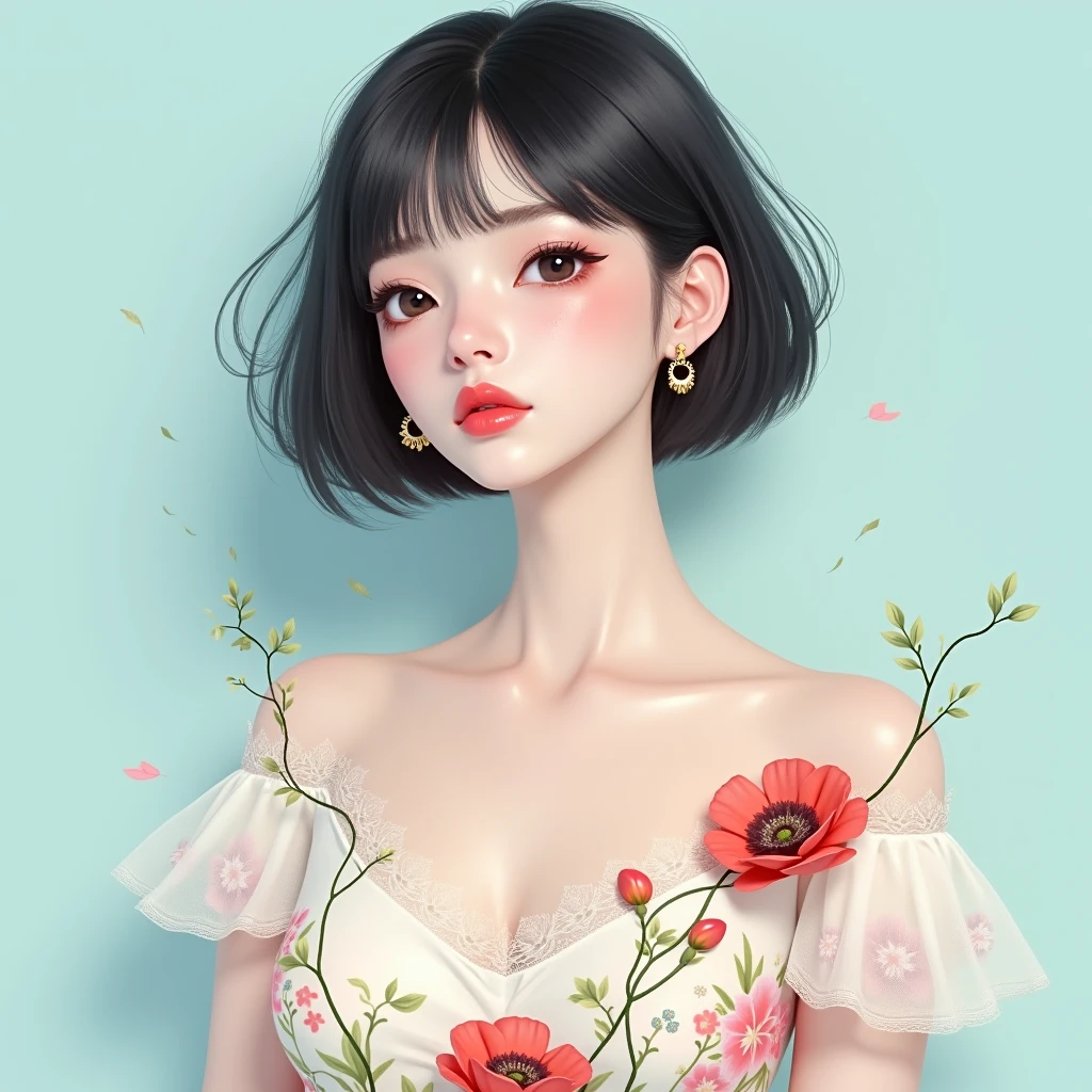 3D, NSFW, pastel color, watercolor paiting, 
linear art, detailed face 
ankymoore, 1girl in, Solo, Inner bob cut hair, Simple background, Black hair, Dress, Simple gold ring earrings with the same design on both ears, Upper body, flower, earrings, dull black eyes, Pale light blue dress, makeup, with floral pattern, lip stick,poppy, Red lips, print dress, Pale light blue background,