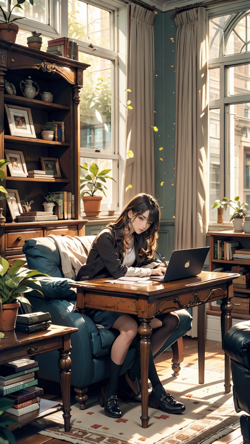 living room, sofa, window, curtain, Speckled sunlight, Potted plants, table, cupboard,Bookshelf, paper, Desk lamp, Typewriter, Sitting on the couch