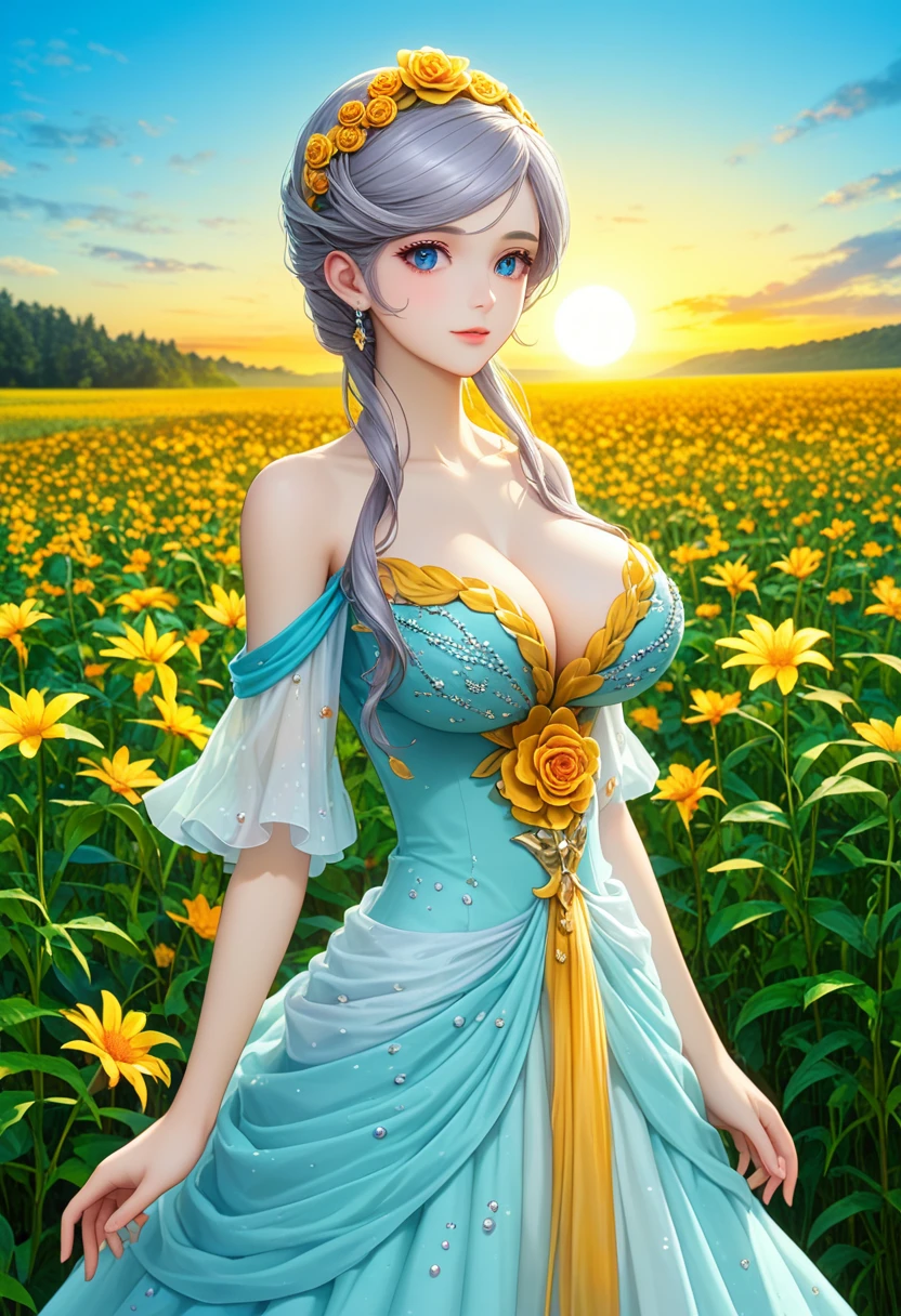 pfstyle Anime Girl Alone, sexy, big breasts, Charming, Long Very Gray Hair, Fashionable Outfit with beautiful design, Hair Shine in the Form of Golden Dust, very beautiful, Facing the Spectator, Leaned on the Wooden Gate, Background: Field of colorful flowers, Fairytale Wind Swirls in the Background, Clear Elaboration of Details, bright colors, The Sun&#39;s Rays Are Shining, Clouds are floating across the sky, The Picture is Alive, Small Animals Squirrels Run, Full elaboration of details, masterpiece, maximum details, Huge Scale Painting,score_9, score_8_up,score_7_up, masterpiece, best quality, perfect anatomy, very aesthetic, official art, 8k,