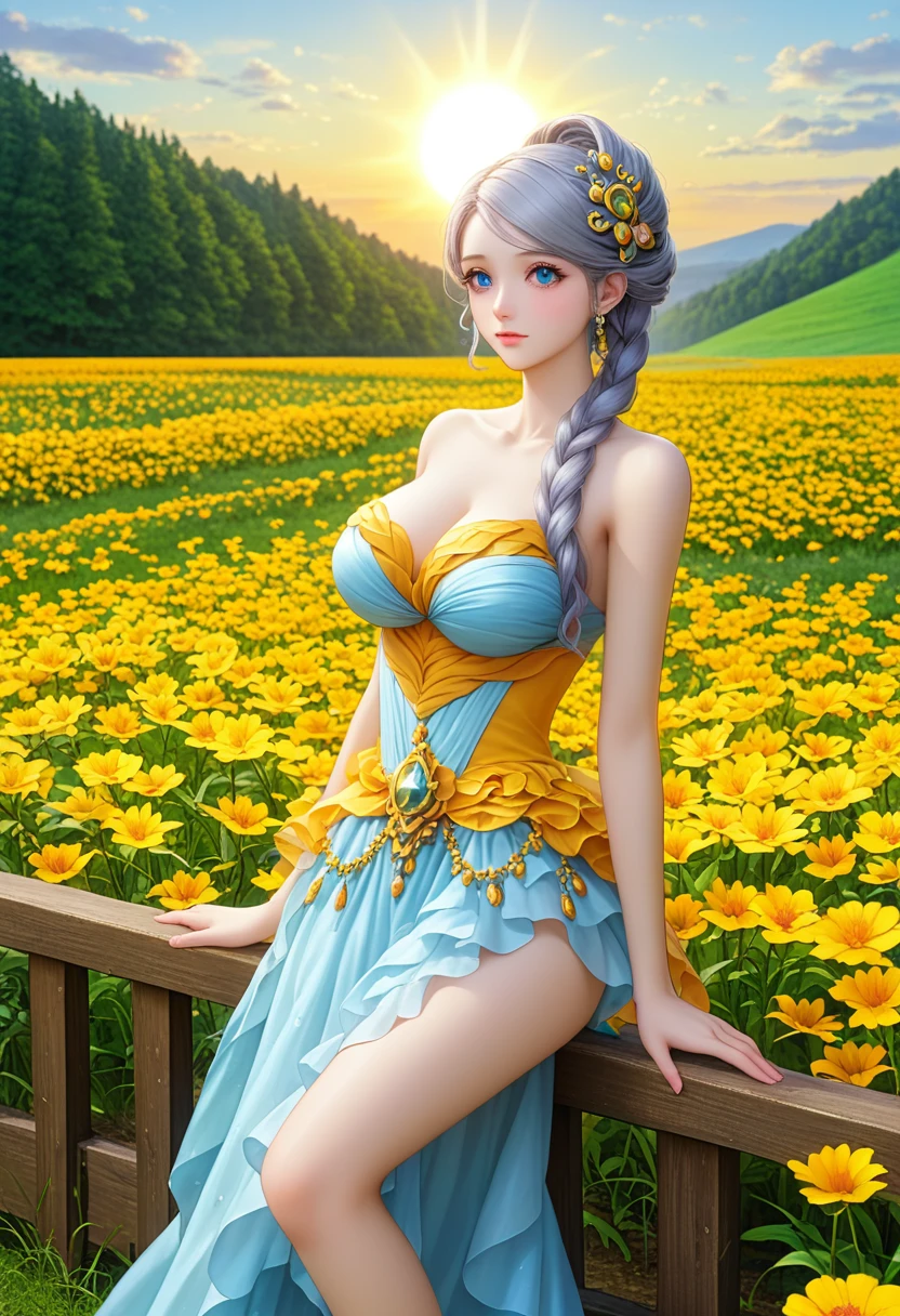 pfstyle Anime Girl Alone, sexy, big breasts, Charming, Long Very Gray Hair, Fashionable Outfit with beautiful design, Hair Shine in the Form of Golden Dust, very beautiful, Facing the Spectator, Leaned on the Wooden Gate, Background: Field of colorful flowers, Fairytale Wind Swirls in the Background, Clear Elaboration of Details, bright colors, The Sun's Rays Are Shining, Clouds are floating across the sky, The Picture is Alive, Small Animals Squirrels Run, Full elaboration of details, masterpiece, maximum details, Huge Scale Painting,score_9, score_8_up,score_7_up, masterpiece, best quality, perfect anatomy, very aesthetic, official art, 8k,