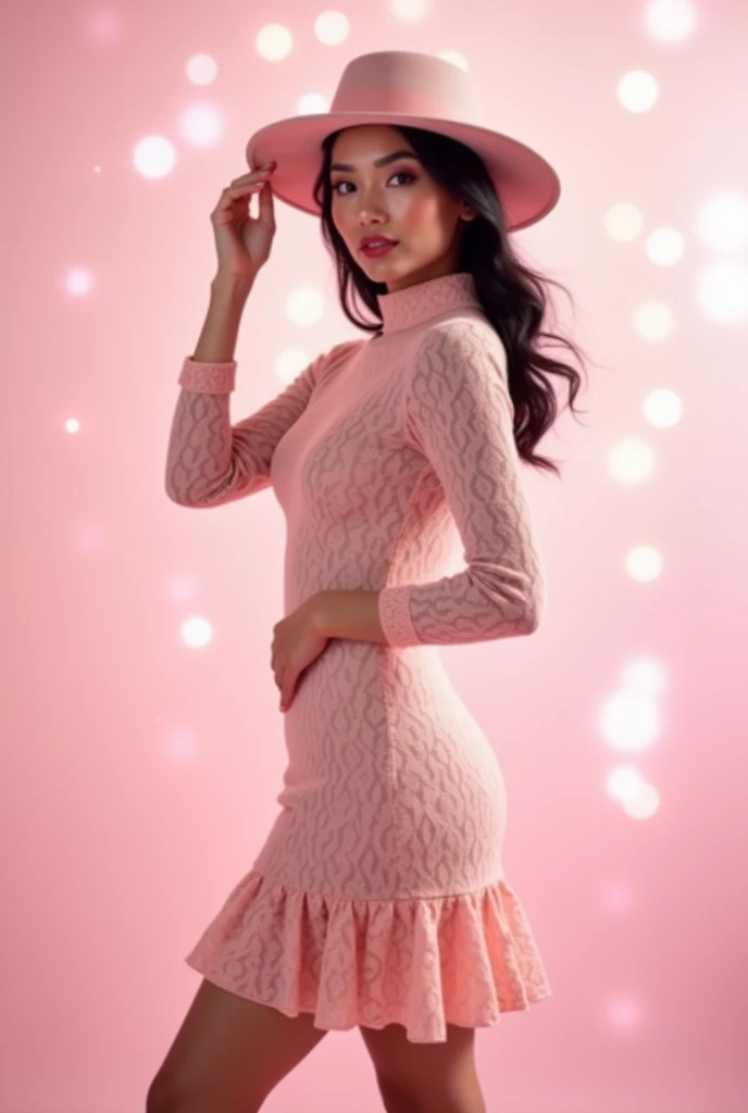 Stunning 4K full body, graceful, shiny skinned Indonesian woman. Her lips were enhanced with shiny lip-gloss, and she wore a pink fedora hat. wearing a beautiful pink lace turtleneck dress, symbolizing sophistication and style, heels to match dynamic pose. The background is decorated with a light pink bokeh effect. Lively, colorful and realistic textures exude elegance, capturing the stunning beauty and serenity of the subject. HD resolution 300 DPI