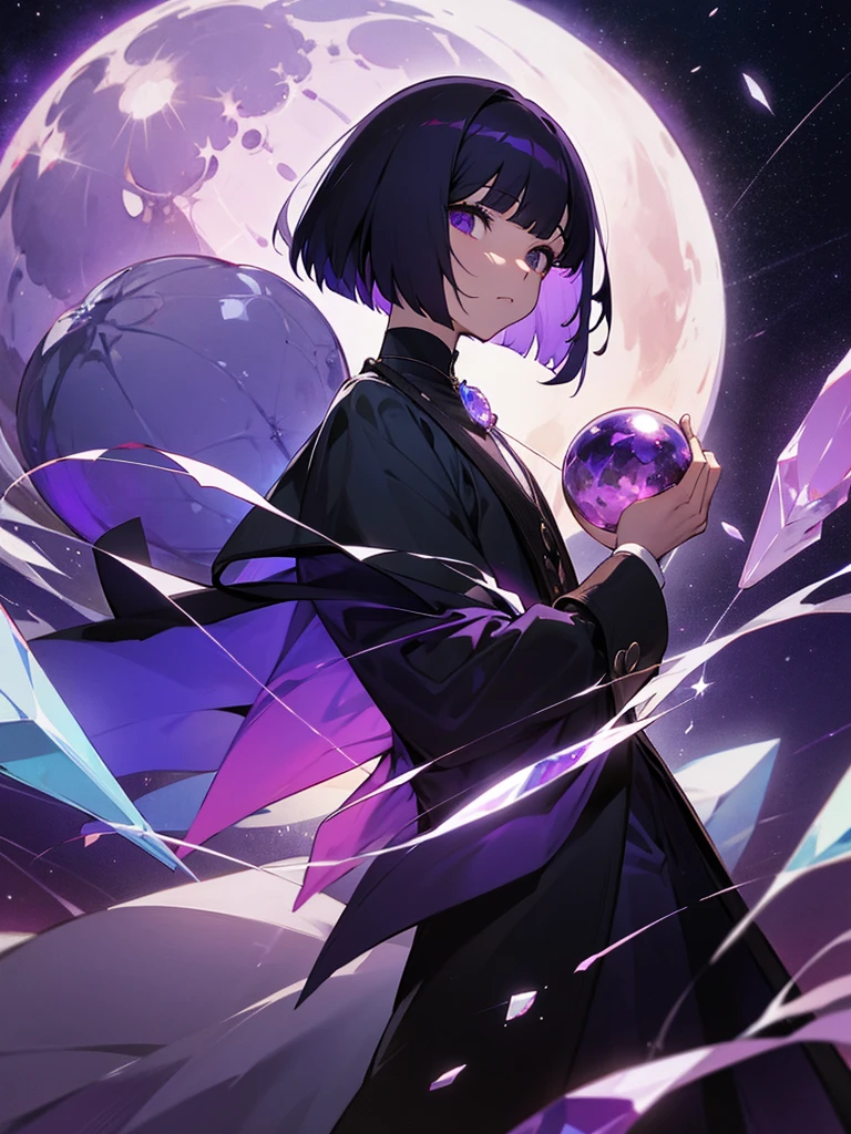 had a crystal ball、A man with purple and black bob hair、With the night sky and moon in the background