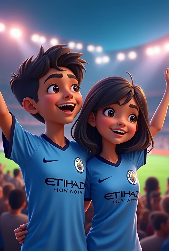 The boy Sohan 1and the girl Samita 1are the fan of mancity football club..they wearing mancity football club jersy. there name showing there jersy