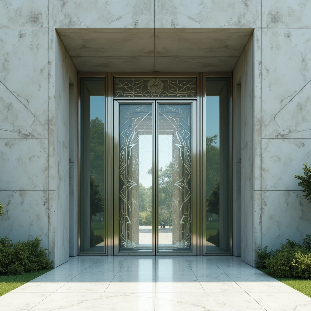 Create a concept art hyper realisticf main entrance door designed with a futuristic fantasy style inspired by Le Corbusier. The door should combine clean, geometric lines and functional design with imaginative, futuristic elements. Use modern materials like reinforced glass, polished metal, and high-tech composites to create a door that feels both sturdy and advanced. The design should include subtle, fantasy-inspired details that give the door an otherworldly, yet refined, appearance. The setting should be a minimalist, modern exterior that highlights the door's unique blend of Le Corbusier's architectural style and futuristic fantasy elements.