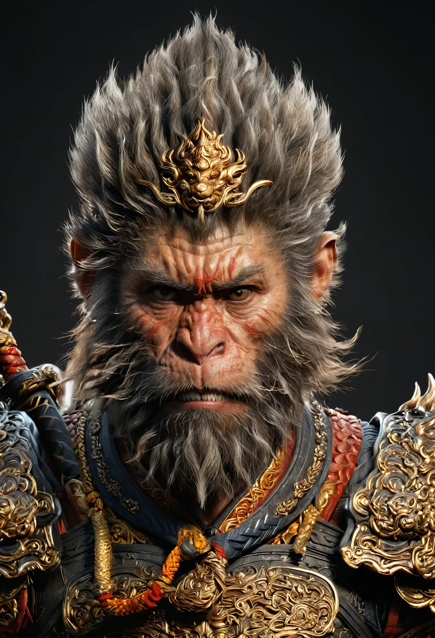 Create an epic and detailed illustration of a legendary warrior with simian features, resembling Sun Wukong, the Monkey King from Chinese mythology. The character should be clad in intricate, ancient armor with ornate patterns, and wielding a powerful staff. The setting is a dramatic battlefield with dust and energy swirling around, highlighting the warrior's fierce and determined expression.", Mysterious, trending on artstation, sharp focus, studio photo, intricate details, highly detailed, by greg rutkowski, black background, scar, Realistic Details, Extremely Fine Detail, Detailed Description, Unreal Engine, Front View, Full Body Shot, Natural Light, Good Viewing angle, Ultra HD, 8K,