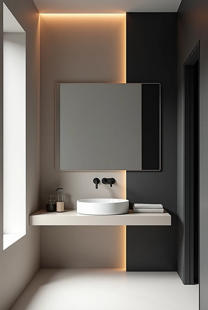 Left side wall Right side bathroom front door, center wash basin and wall mirror and that wall balck texture design, image front of washing basin seeing
