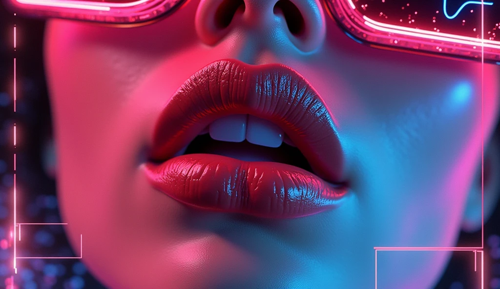 Female lips virtual reality inspired by the movie free guy -free city, with sensual expression and glitch technique illustration with special effects and neon glitch lights