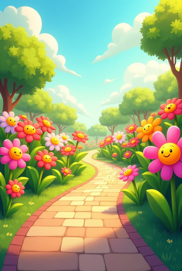 Animated cartoon flowers and sunshine, with wide walk way