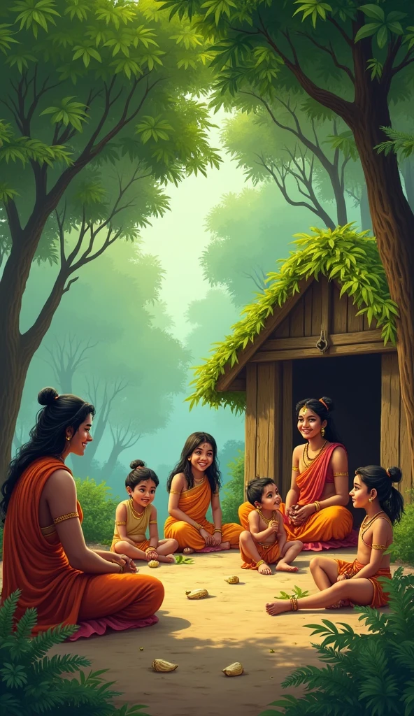 3. Scene of Banabas: Description: Pandu is sitting in front of a hut with his wife Kunti and Madri and their five children - Judhisthira, Bhima, Arjun, Nakul, Sahadev. A scene of a quiet and simple life in this film is revealed. The impression of satisfaction in the face of Pandu and his wives, and the children are in the game. Dense green forests are seen in the background, and the hut is made of wood, on which the leaf canopy is given. Ai image Indian