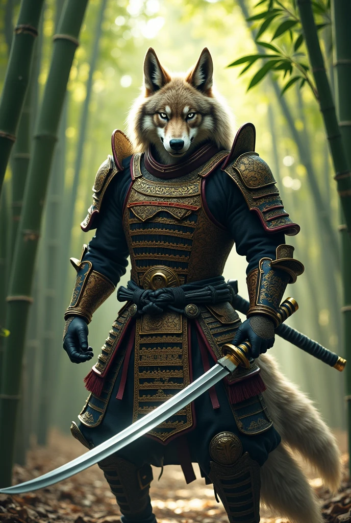 Anthropomorphic wolf in samurai armor with a katana in a bamboo forest 