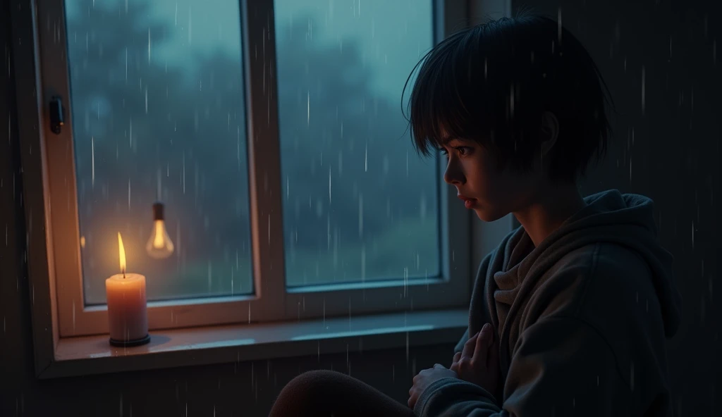 The video opens with a close-up shot of a single candle burning on a windowsill. The camera slowly zooms out to reveal a dimly lit room where the protagonist sits alone by the window, staring out into the night. Raindrops trickle down the glass, reflecting the sadness in their eyes.