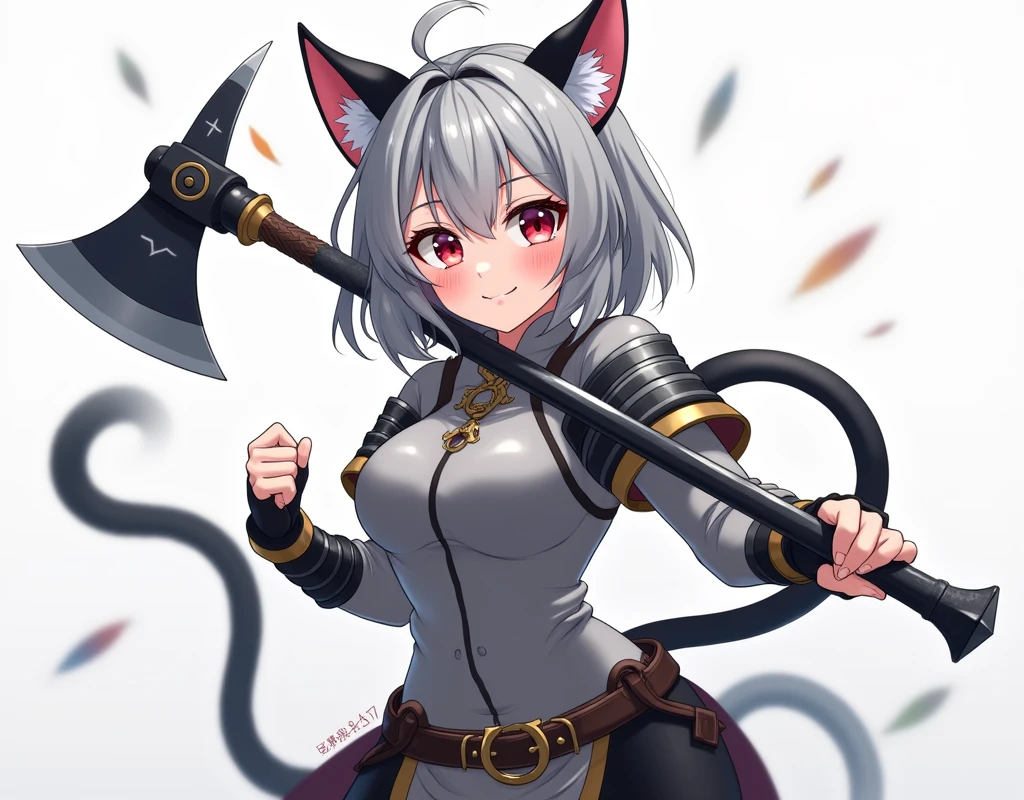 Anime style, masterpiece, greatest anatomy, detailed anatomy, girl, 1girl, catgirl, bob style hair, gray color hair, gray eyes, Black cat ears with pink inside, detailed cat tail, round breaxy, lighmile, blushed, look at viewers, collarbone, anime, medium Breasts, Anim, masterpiece, greatest anatomy, detailed anatomy, 16YOgirl, 1girl, cat, bob style hair, gray color hair, gray eyes, Black cat ears with pink inside, detailed cat tail, round breast, detailed cat ear motif cat tail, wearing a gray sweater and after the sweater is medieval viking armor, holding Honshu karito Battle Axe