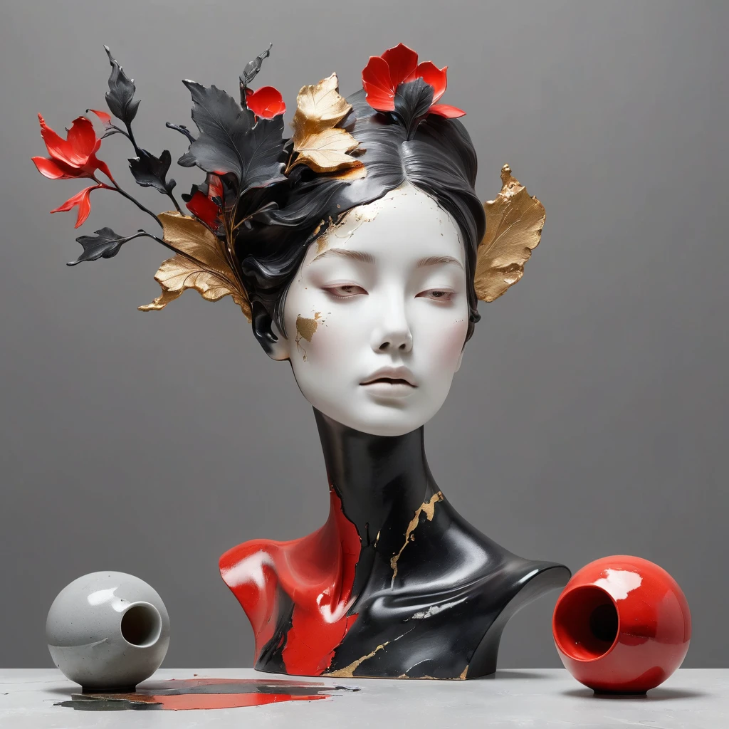 ((exhibition, woman, Still life table, Art statues, 3D sculpture, Colored ceramics, Surface cracks, Broken texture)), mercy, thin neck, Show the beauty of nature. Black and red theme, Kane, gold powder, This work is presented on a gray background.., art, Highlight its artistic qualities. Ray tracing, style, beautiful,