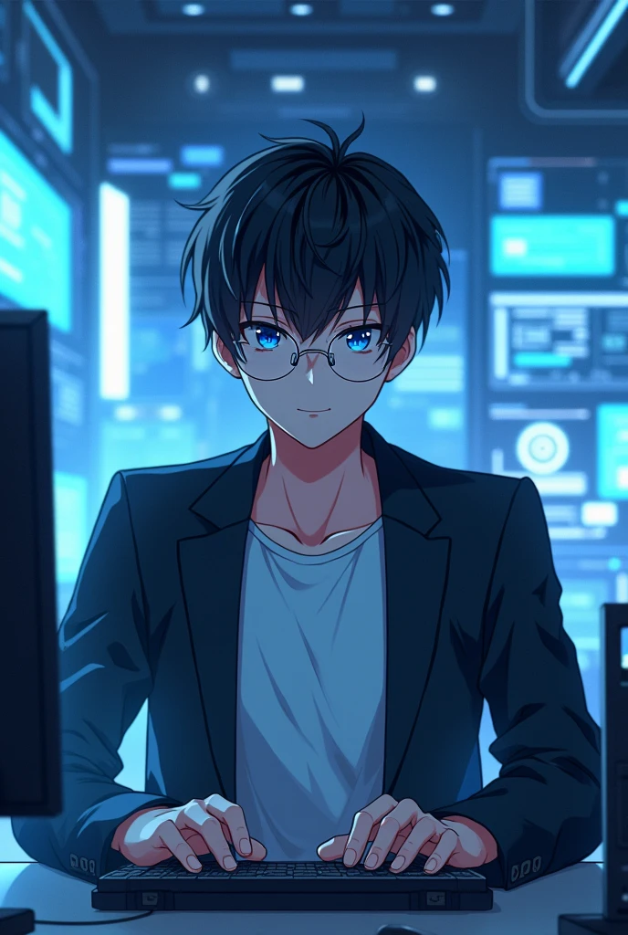  Male, Anime, black short hair, Wear a t-shirt and a suit over it., Wear glasses, blue eyes, Sitting in front of the computer, Futuristic digital background,