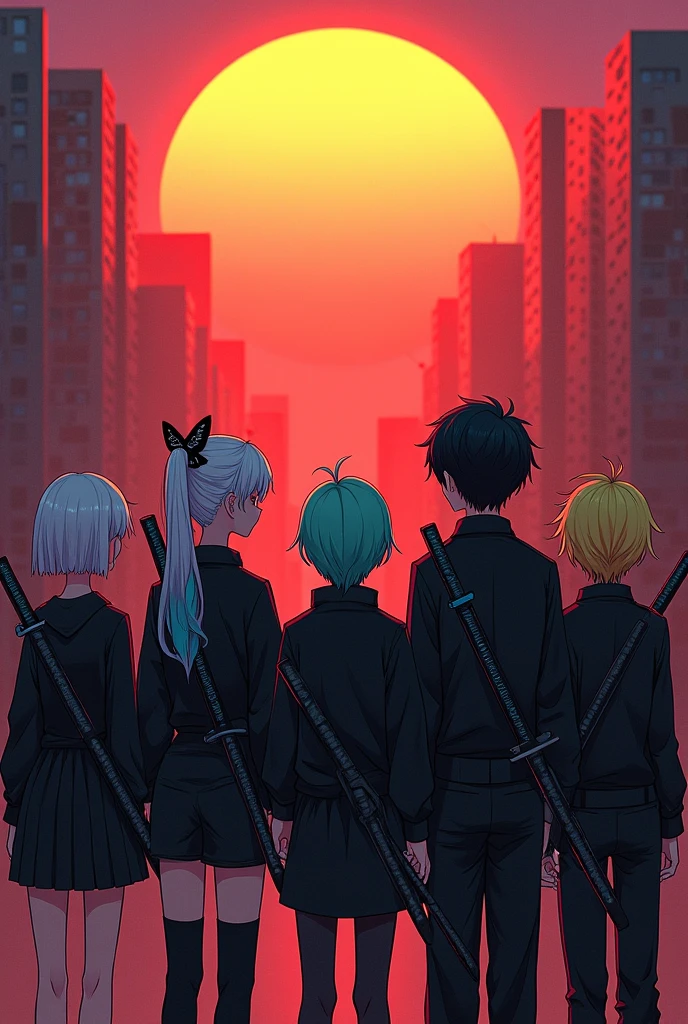 Create a group of 1 teenagers watching the sunset wearing black cyberpunk clothing seen from a back angle, two girls of 1:65 cm tall, one with short white hair, another with long hair combed in a black ponytail with blue highlights, three boys, one with long hair combed with a white ponytail and turquoise trim, measures 1:78 cm tall, another with short mint green hair and the last boy with short yellow hair with red highlights, Everyone has katanas, environmental in an ANIME STYLE building