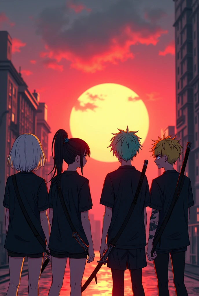 Create a group of 1 teenagers watching the sunset wearing black cyberpunk clothing seen from a back angle, two girls of 1:65 cm tall, one with short white hair, another with long hair combed in a black ponytail with blue highlights, three boys, one with long hair combed with a white ponytail and turquoise trim, measures 1:78 cm tall, another with short mint green hair and the last boy with short yellow hair with red highlights, Everyone has katanas, environmental in an ANIME STYLE building 