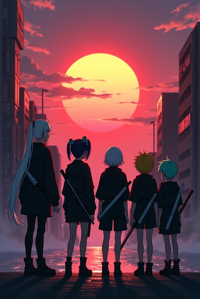 Create a group of teenagers watching the sunset wearing cyberpunk clothing seen from a back angle, two girls one with short white hair, another with long hair combed in a black ponytail with blue highlights, three boys, one with long hair combed with a white ponytail and a turquoise tip, another with short mint green hair and the last boy with short yellow hair with red highlights, Everyone has katanas, environmental in an ANIME STYLE building 