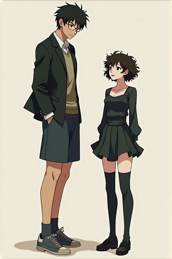 haikyuu oc, Girl 1,50 tall, parada junto tsukishima, hourglass body, Curly hair, negro, Pale skin, dressed in a skirt with stockings and a long-sleeved shirt with a small neckline