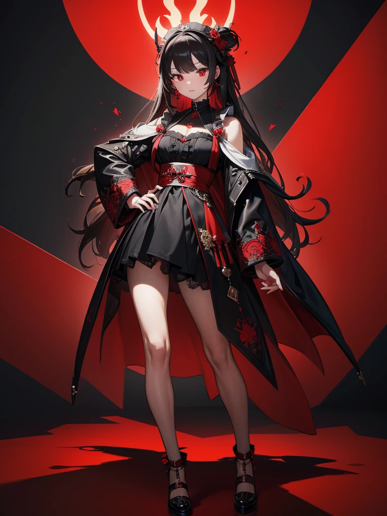 masterpiece,Highest quality,Very detailed,8k,High resolution,Balkun Style, Black and Red,one person&#39;s,(short hair:1.2),Very detailed目,Very detailed顔,Very Fine Hair,masterpiece,Highest quality,(Left and right split themes:1.0),No gaps,Heterochromia iridis,((Two Tone Hair:1.2)),(Chiaroscuro:1.2),(On the left are black hair and red eyes,On the right are white hair and blue eyes:1.2),(The sailor uniform is drawn in detail.:1.2),The left side is darker in tone.、It has orange highlights,Make the center line less noticeable