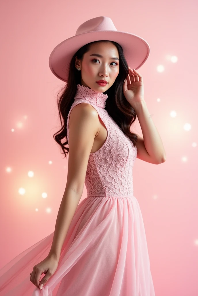 Stunning 4K full body, graceful, shiny skinned Indonesian woman. Her lips were enhanced with shiny lip-gloss, and she wore a pink fedora hat. wearing a beautiful pink lace turtleneck dress, symbolizing sophistication and style, heels to match dynamic pose. The background is decorated with a light pink bokeh effect. Lively, colorful and realistic textures exude elegance, capturing the stunning beauty and serenity of the subject. HD resolution 300 DPI