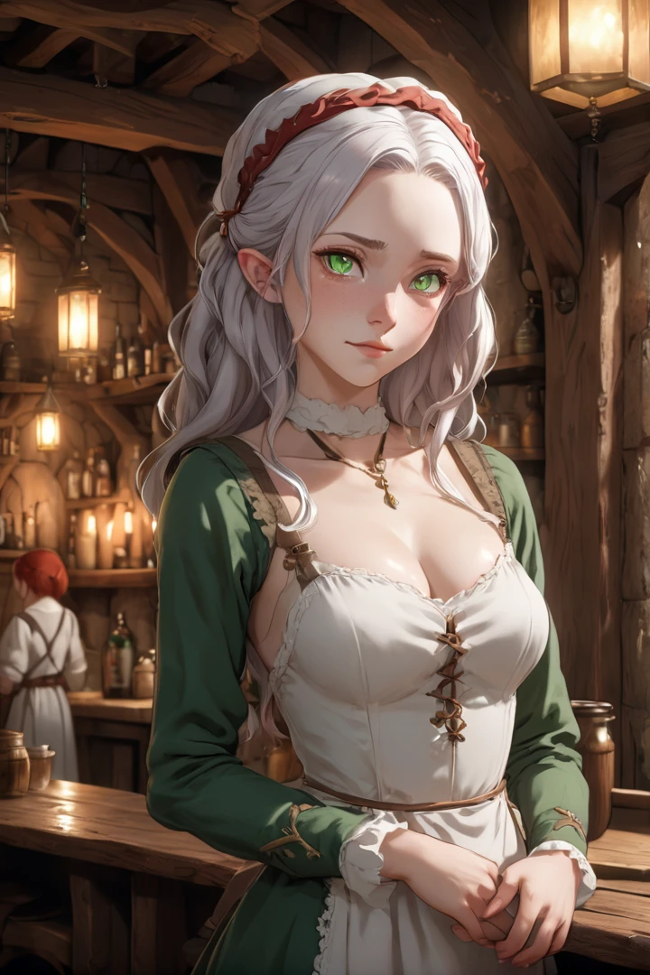One , (Aisha Greyrat), Standing in a medieval tavern and looking at the viewer, Her face is fine and smooth, Her eyes are super small, masterpiece,
Long sleeve, dress, Green Eyes, Redhead, hair band, maid, white hair band,
Soft lighting and detailed environments、Create immersive environments that inspire your imagination。,
Draw in the style of Mushoku Tensei,
Ultra-detailed, High-quality visuals, Dim lighting, Sharply focused, Octane Rendering, 8K Ultra HD,naked、Nipples、Butt