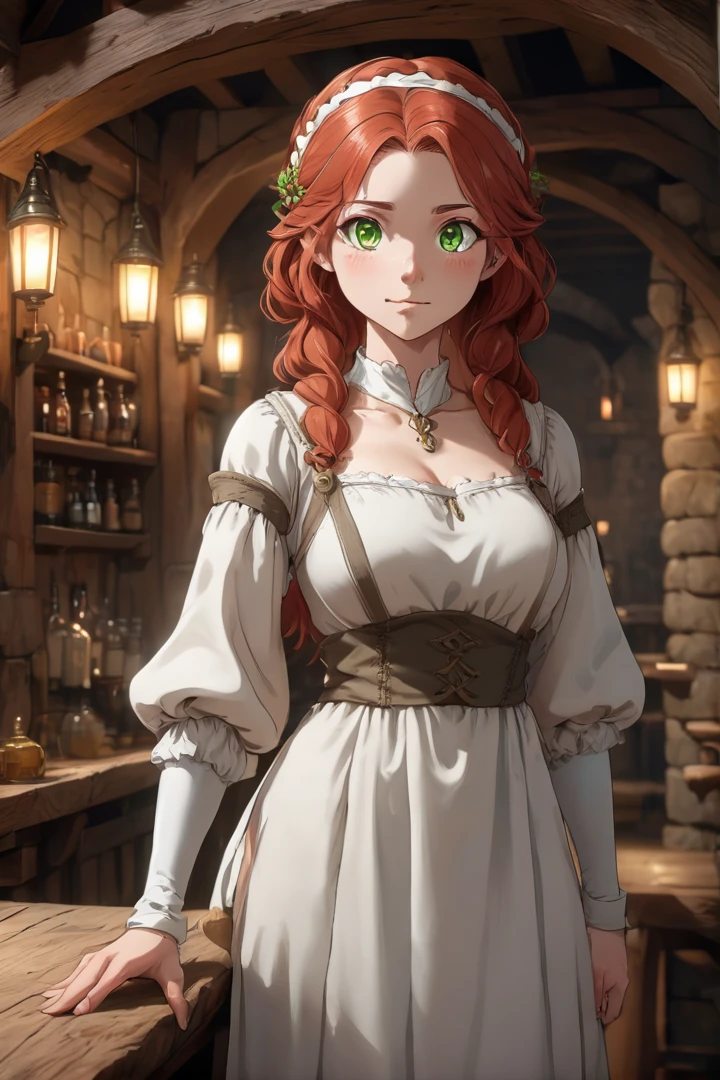 One , (Aisha Greyrat), Standing in a medieval tavern and looking at the viewer,  Her face is fine and smooth, Her eyes are super small, masterpiece,
Long sleeve, dress, Green Eyes, Redhead, hair band,  maid, white hair band, 
Soft lighting and detailed environments、Create immersive environments that inspire your imagination。,
Draw in the style of Mushoku Tensei,
Ultra-detailed, High-quality visuals, Dim lighting, Sharply focused, Octane Rendering, 8K Ultra HD,naked、Nipples、Butt