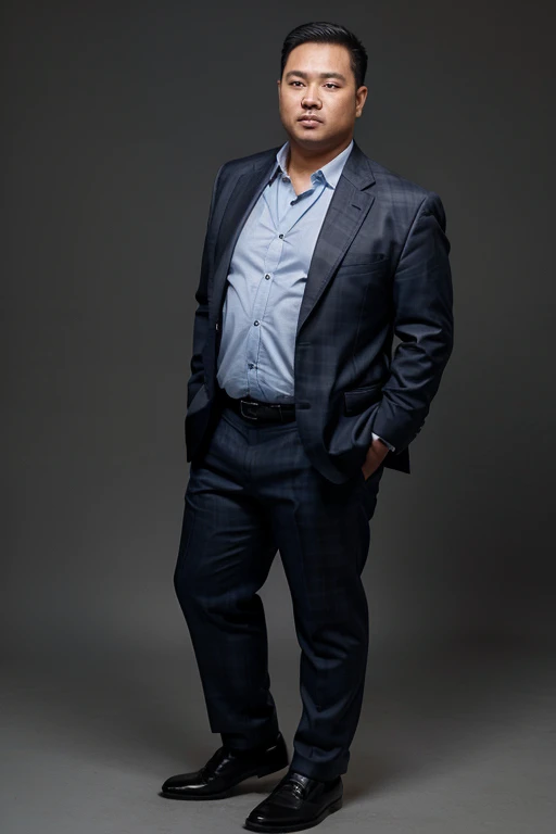 A clean-shaven Thai man, slightly overweight, wearing a blue plaid suit, black leather shoes, standing in front of a gray smoke background.