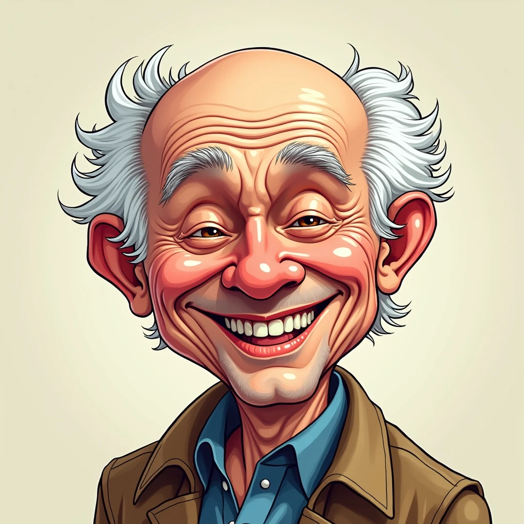 2D lineart graffiti caricature,colourful, kindly man laughing with joy, flat lighting, exaggerated features, perfectly round face, bald, 60 years old, white hair, humorous expression,funny,endearing