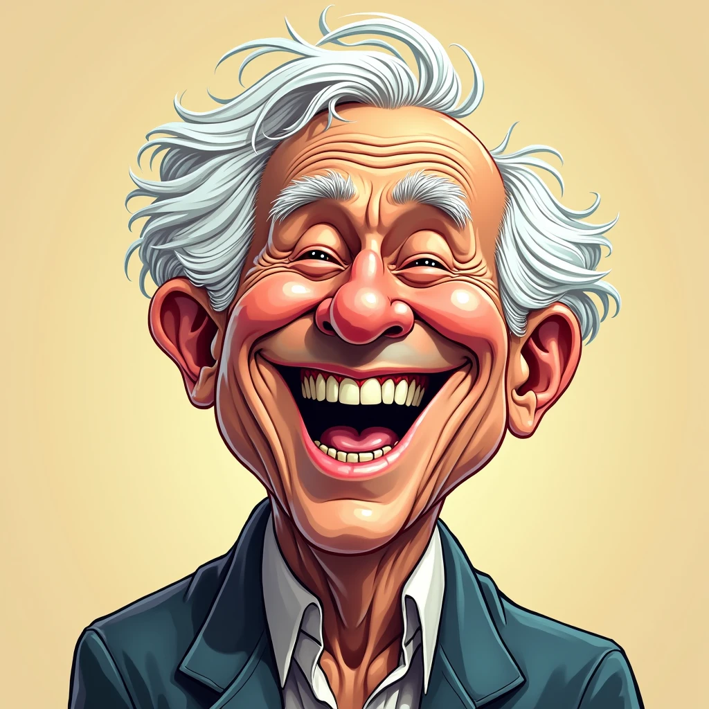 2D lineart graffiti caricature,colourful, kindly man laughing with joy, flat lighting, exaggerated features, perfectly round face, bald, 60 years old, white hair, humorous expression,funny,endearing