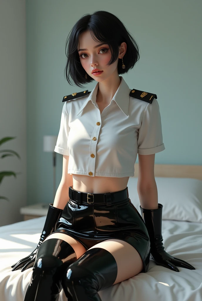 Young policewoman in uniform.
L'uniforme de la policière est en matière pvc pour un look sexy et elle porte des cuissardes en pvc.
L'uniforme est composé d'une chemise blanche a boutonsavecinsigne et d'une jupe.
Elle est assise sur le lit dans une chambre.