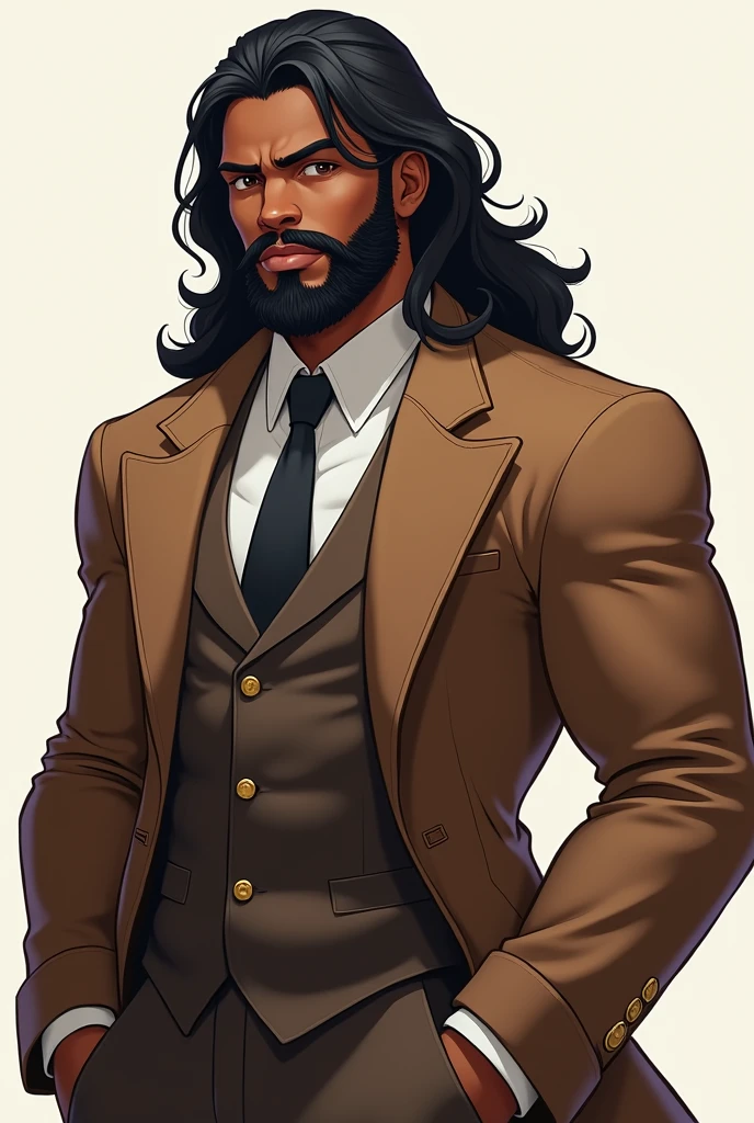 Young adult African man, Long hair, barba, with brown formal suit and trench coat, stylized muscular body, anime style