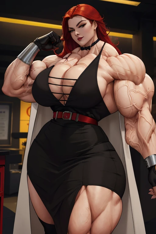 ((Close-up)), tall, (red hair), beautiful muscular asian business woman, long hair, pale white skinned, closed smile, large breast, (black lipstick), (massive muscles), (hyper muscle), ((ginormous bulky muscles)), yellow eyes, ((((black overcoat)))), ((((red office top)))), (((pencil skirt with belt))), (fingerless gloves), choker, in airport,