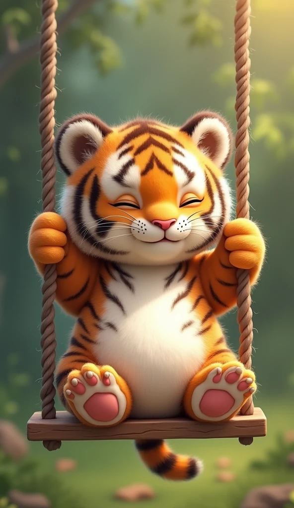 A cute little tiger,Real animals,Close your eyes lazily, Cute and cuddly,Fluffy, Real little tiger,Sitting upright on a swing,Two claws grab the rope of the swing,Furry and cute big belly,The pattern on the belly is the same as the body,My belly is very big.,The pattern on the belly is the same as the body,Strike a cute pose,