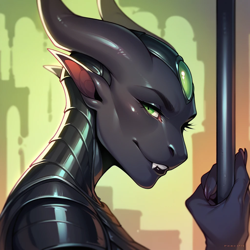 no swift, score_9, score_8_up, score_7_up, score_6_up, Evil Newt, with ebony black skin and neon- green eyes in demonic armor