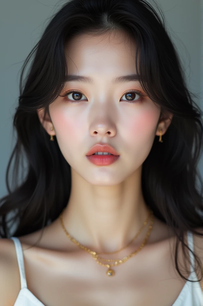 Close-up photo, I want a Korean girl to be a kpop idol, double eyelids, phoenix eyes, high nose, heart-shaped lips, angular v-line face, white skin, slim body, long black hair curled at the ends