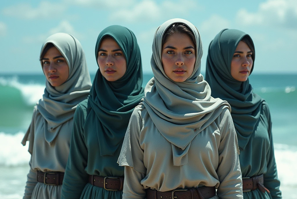 Group of four strong Syrian women fighting to conquer the sea, hijab
