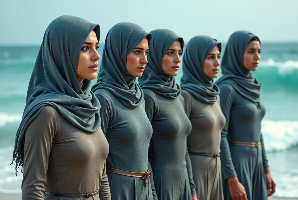 Group of four strong Syrian women fighting to conquer the sea, hijab