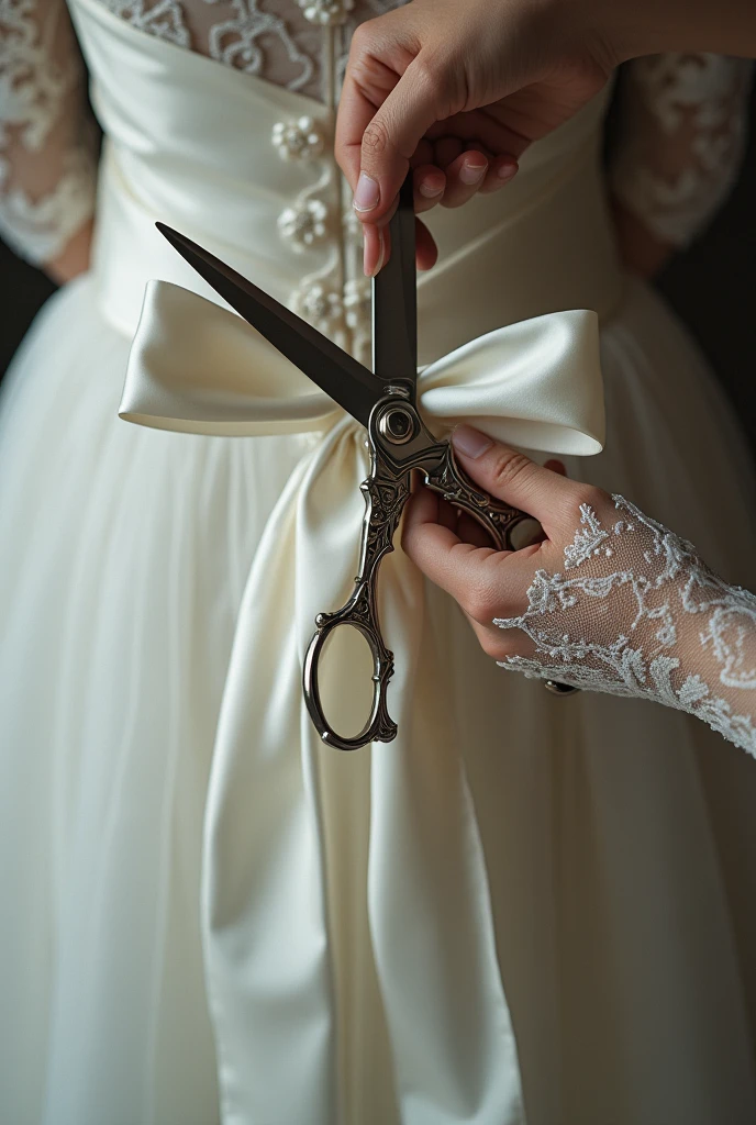 Bridal bow being cut with scissors